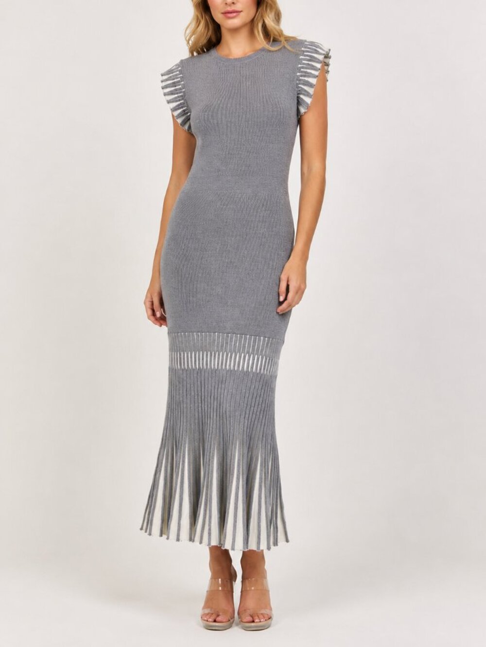Rivir Downtown Vibes Gray Ribbed Knit Pleated Maxi Sweater Dress L NWT